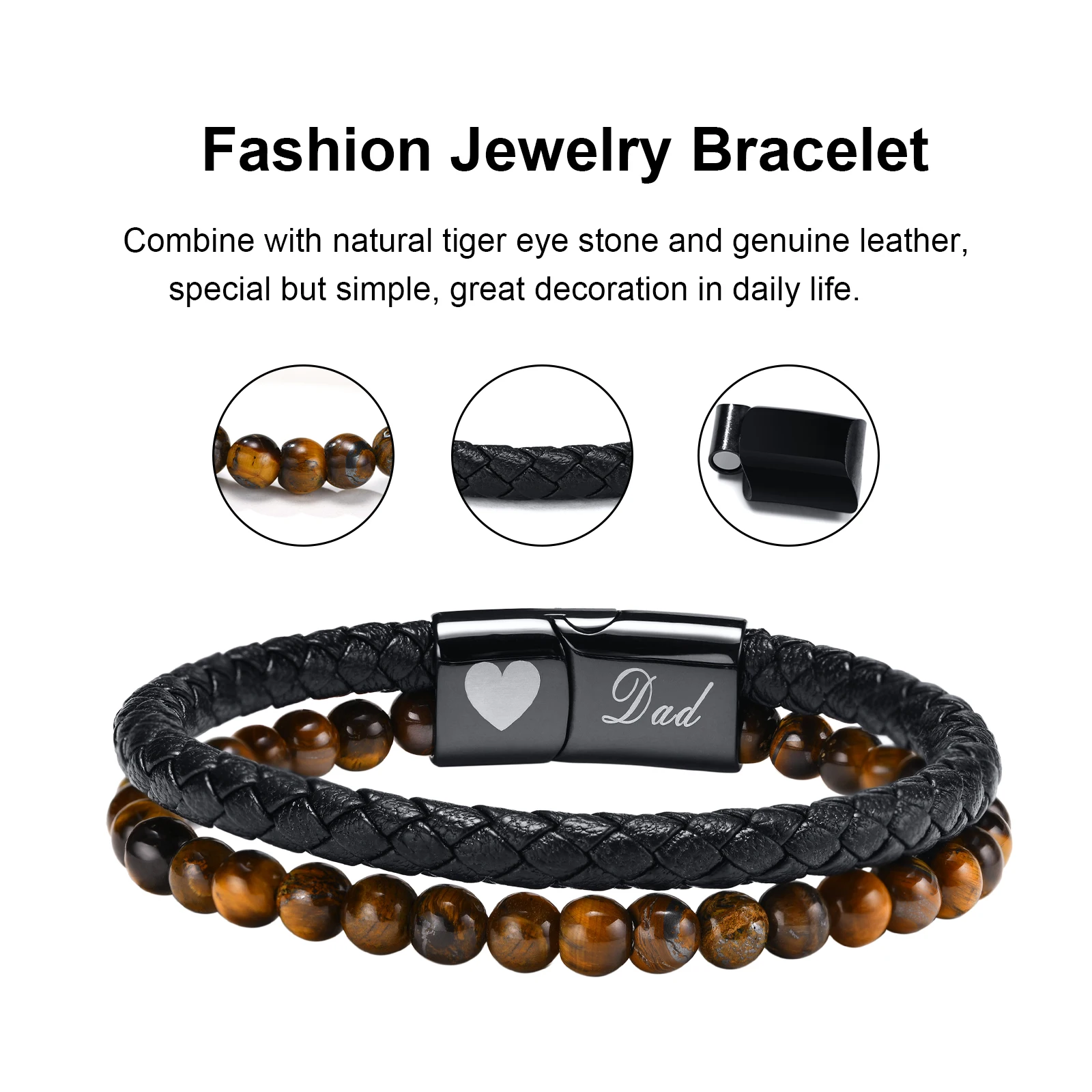 سوار رجالي مخصص من الفولاذ المقاوم للصدأ مغناطيسي من الحجر الطبيعي والجلد سوار مطرز متعدد الطبقات هدية مقدمة لصديقها