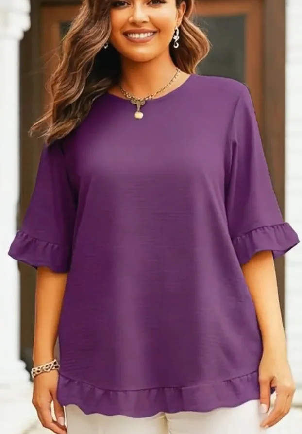 Women Tee Buttonless Ice Silk Pleated Ruffle Front Short Back Long Flared Sleeves Round Neck Solid Color Ruffle Sleeve Shirt