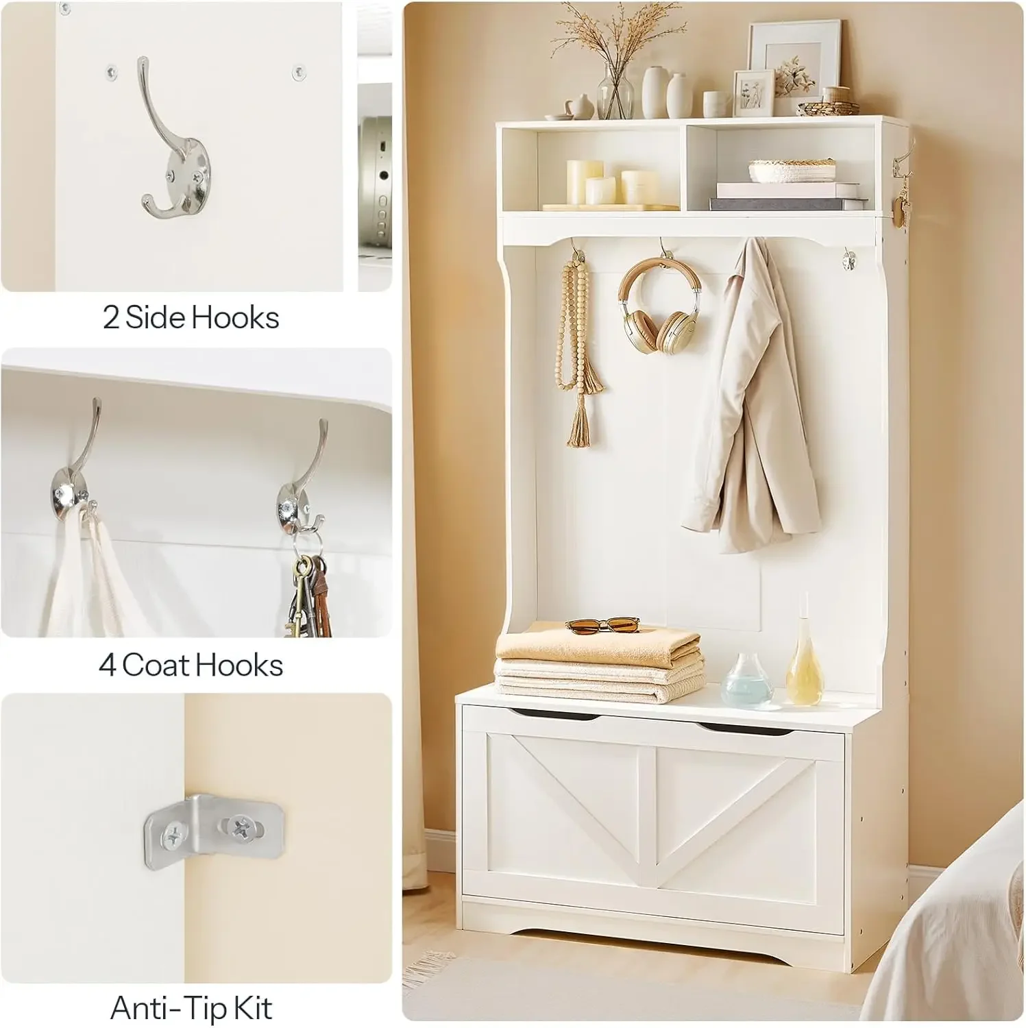 

Hall Tree with Bench and Shoe Cabinet, Entrance Bench with Clothes Hanger and Shoe Cabinet, Flip Cabinet Door, Clothes Hanger