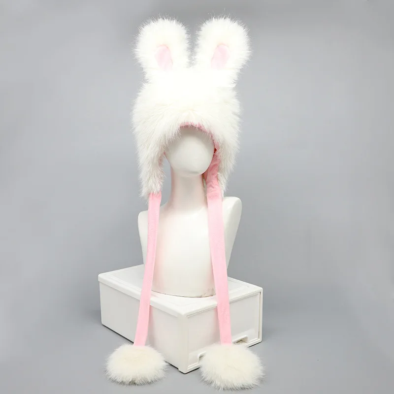 

Kawaii Long Drop Rabbit Ear Hat Winter Warm Plush Lei Feng Cap Cute Animal Hats Cosplay Costume Prop Lovely Lolita Accessories