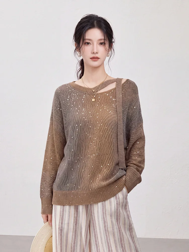 Chic Gradient Sparkly Blue Knit Sweater For Women Cutout Hollow Neckline Ribbed Hem Slouchy Casual Autumn Irregular Pullover Top