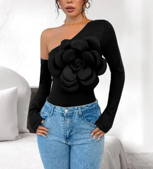 

Elegant Off-Shoulder Jumpsuit for Women 3D Decoration Solid Color Sexy Party Wear Single Shoulder Design Trendy 2025