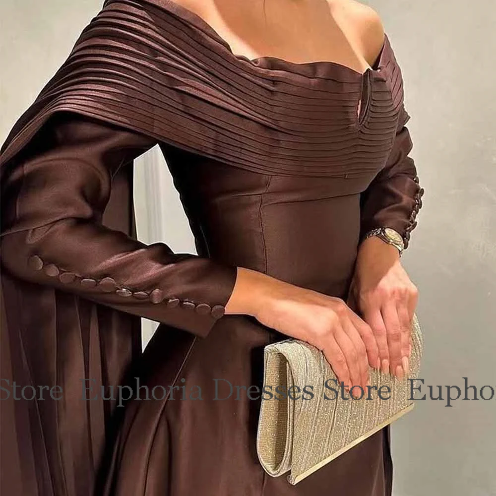 Formal Evening Gowns Satin A-line Celebrity Dress Brown Off-the-shoulder Tiered Covered Button Cloak Sleeves Party Gown Long