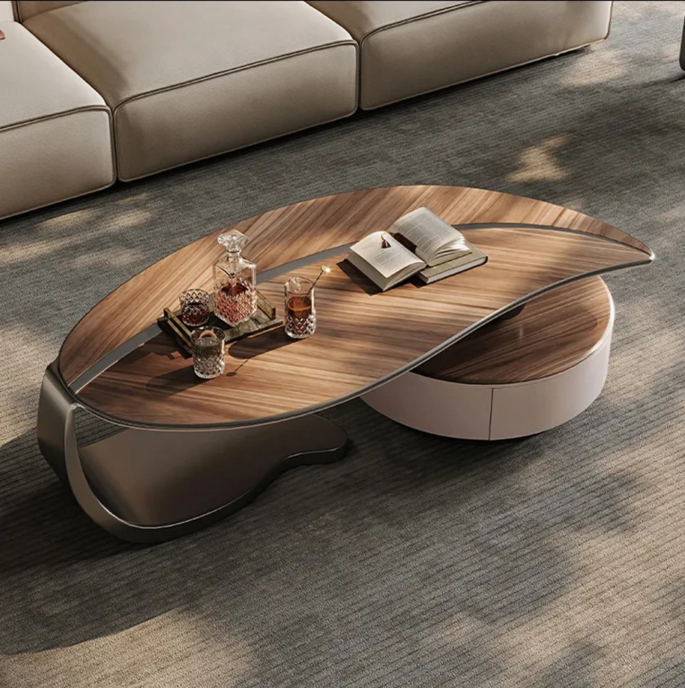 

Luxury Modern Walnut Color Coffee Table Combination Minimalist Living Room Leaf Shape Stainless Steel Feet Coffee Table