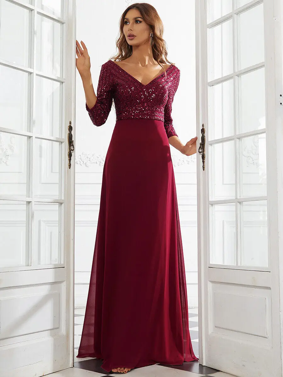 

Bridesmaid Dress New Middle Eastern Women's Chiffon Double V-neck Long Skirt A-line Big Swing Sequined Splicing Evening Dress