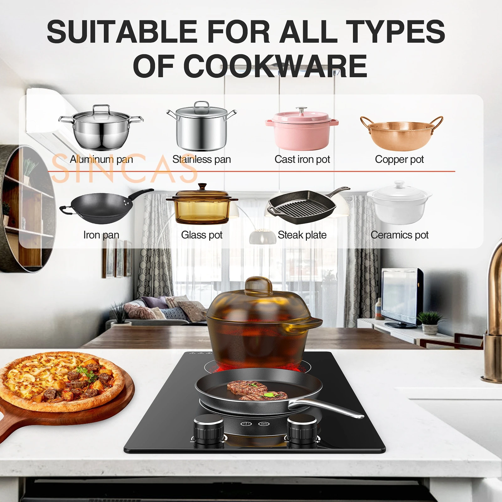 Fornello a induzione verticale a doppia testa 220V/110VEFornello elettrico in ceramica incorporato Fornello commerciale a piastra completa Forno a onde luminose