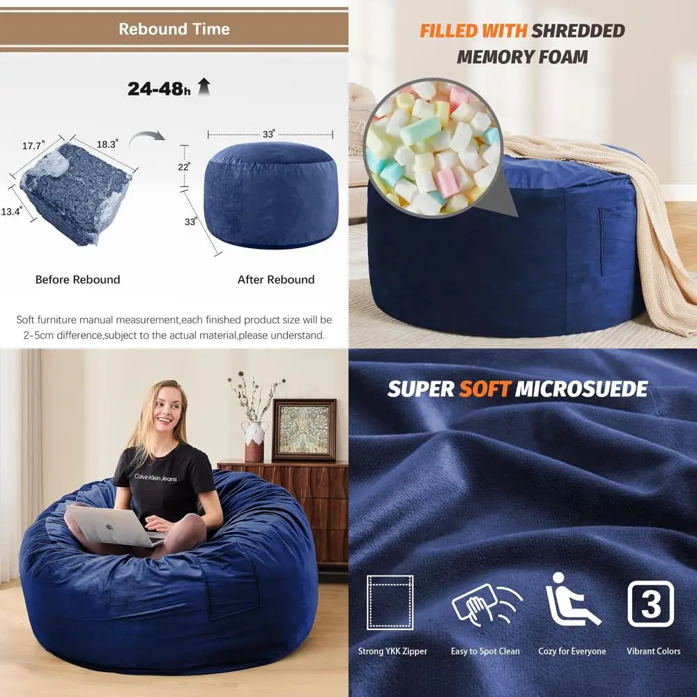 

Кресло-мешок из пены с эффектом памяти — мягкий чехол из микрофибры для детей, подростков, общежитий, синий