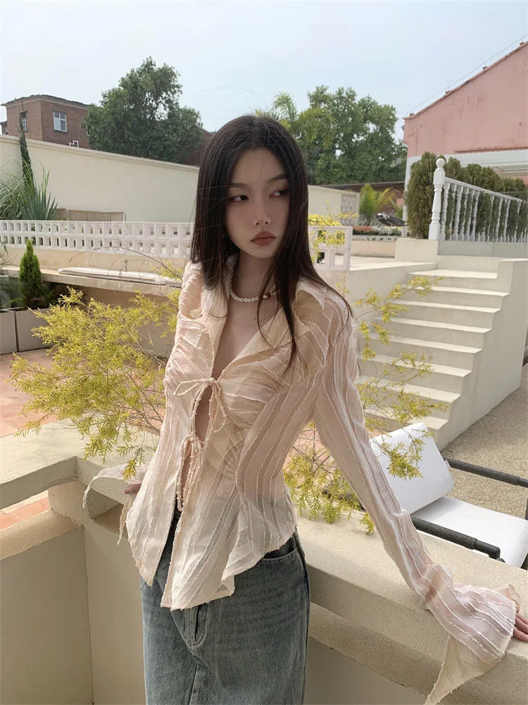 Tawaaiw Fairycore Blouse Women Clothes 2023 New Turn-down Collar Lace Up Women Shirt Long Sleeve Ladies Tops Korean Style Chic