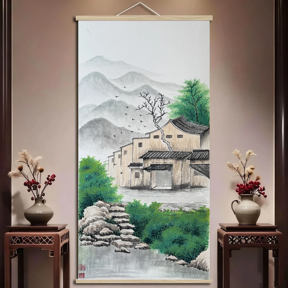 Chinese landscape wall art background hanging painting, traditional ink painting in Jiangnan water towns