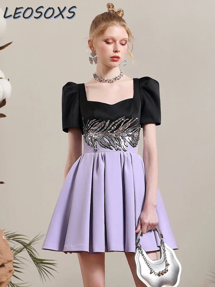 

High-End Commuting Women's Dress Summer Contrast Color Short-Sleeved Purple Dresses Square-Neck Elegant Sequins Embroidery Dress