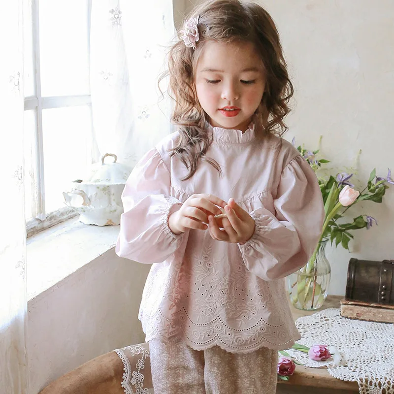 Autumn Girls Hollow Lace Loose Blouse Korean Ins New Baby Girl Ruffled Crew Neck Long-Sleeved Elegant And Cute Shirts