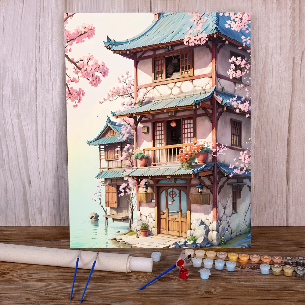 Japanese Sakura House Paint By Numbers Drawing Arts And Crafts For Adults Bedroom Decoration Gift For Wife Wholesale 2024 HOT