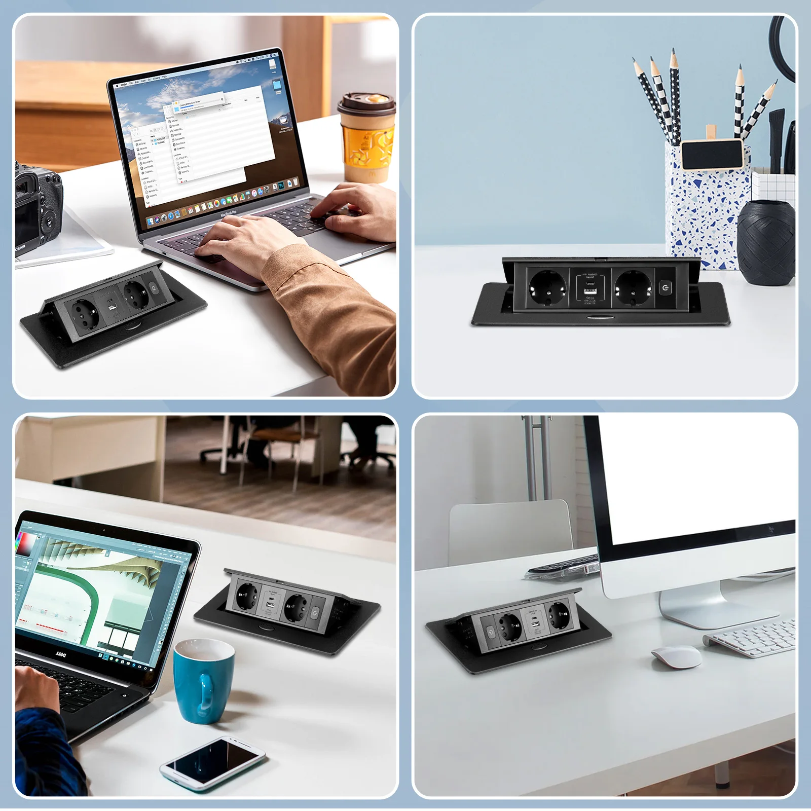Imagen 5: Regleta empotrable retráctil con USB, torre multienchufe de escritorio negra, enchufe múltiple empotrado para cocina