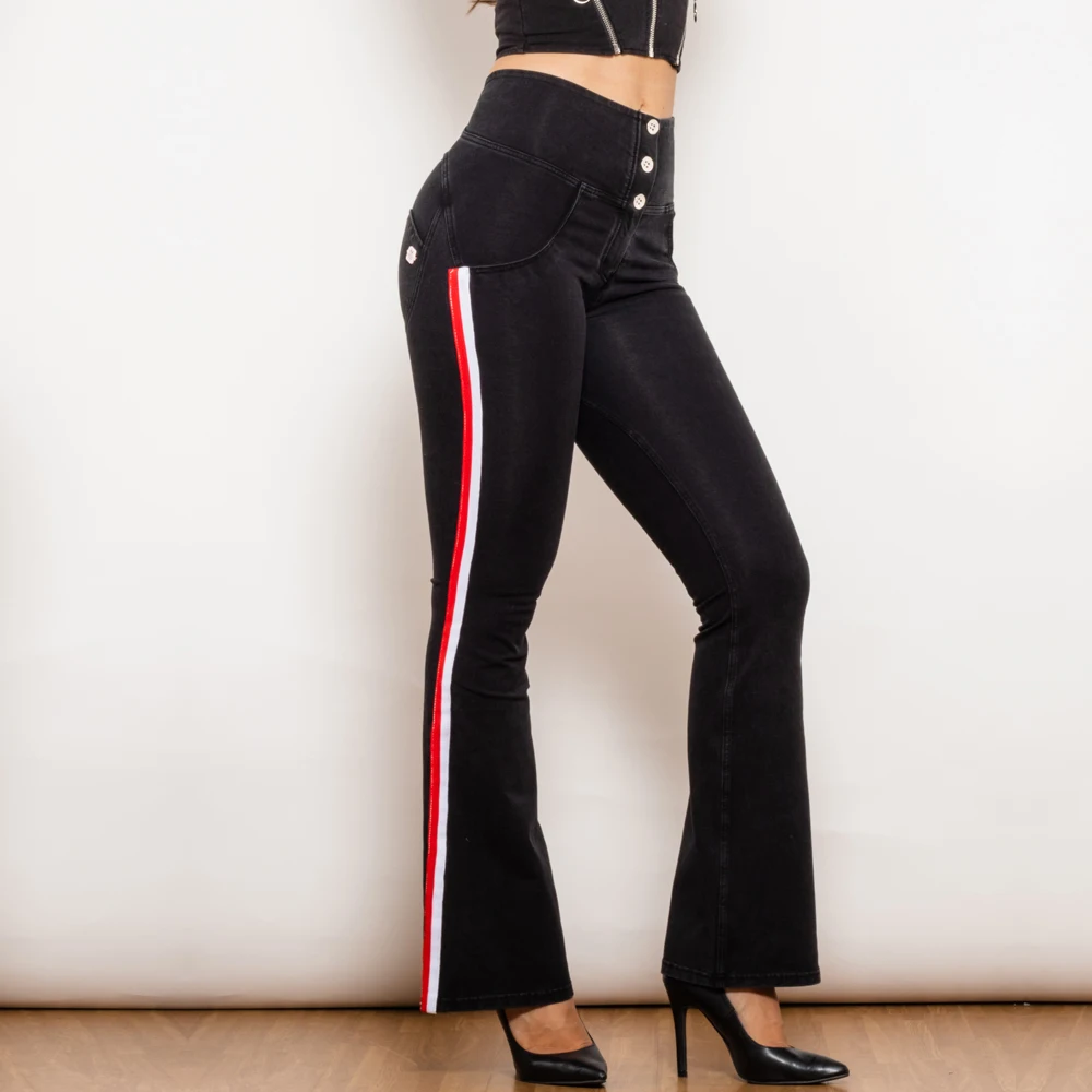 Shascullfites Melody Black Striped Flared Jeans Lift Jeggings Button Up High Waist Jeans Shaping Jeans Scrunch Bum Jeans