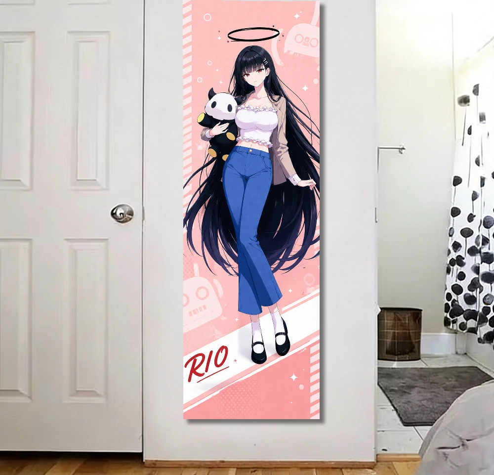 Long Black Hair Angel Girl Hold Panda Doll Pink Vertical Long Tapestry Kawaii Anime Wall Hanging