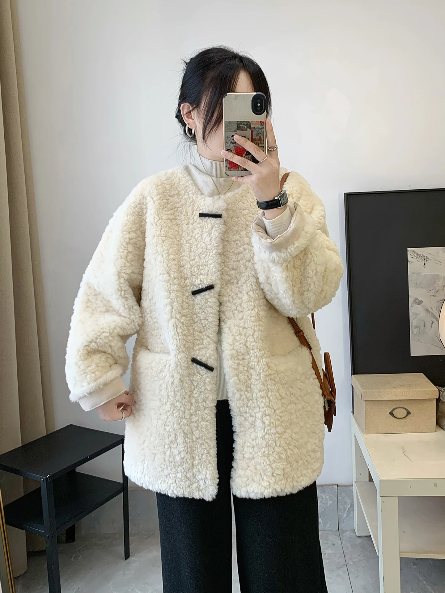

Женская зимняя одежда Thiened Silver Lamb Fur Jaet, экологически чистая теплая верхняя одежда из искусственной кожи с интегрированным мехом
