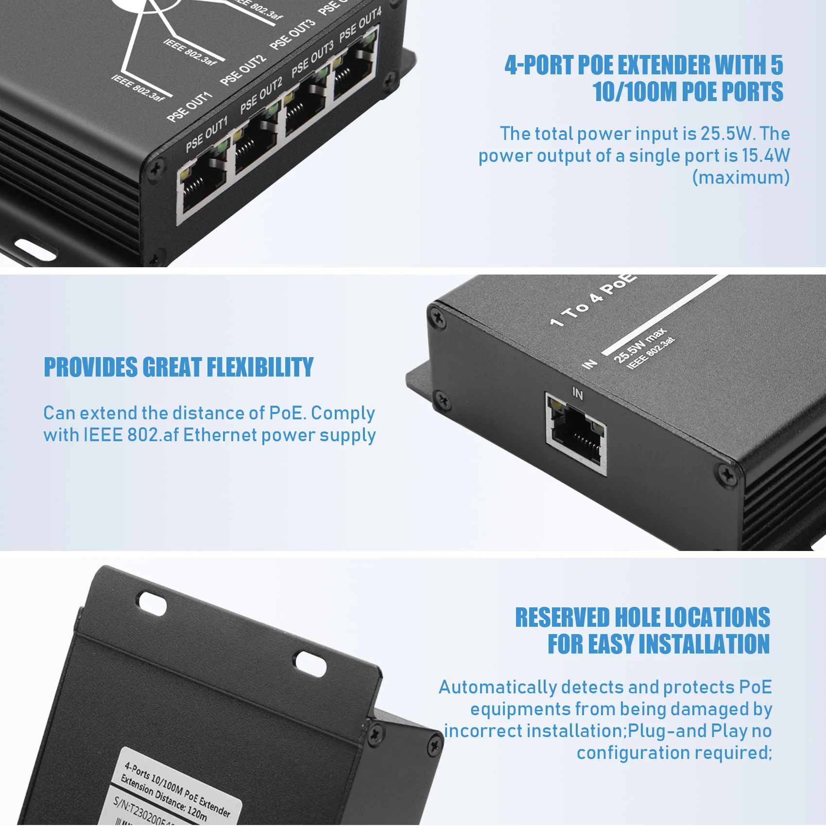 NewABNR 4 Port IEEE802.3Af PoE Extender for IP Camera Extend 120M Transmission Distance with 10/100Mbps LAN Ports 4 POE Extender
