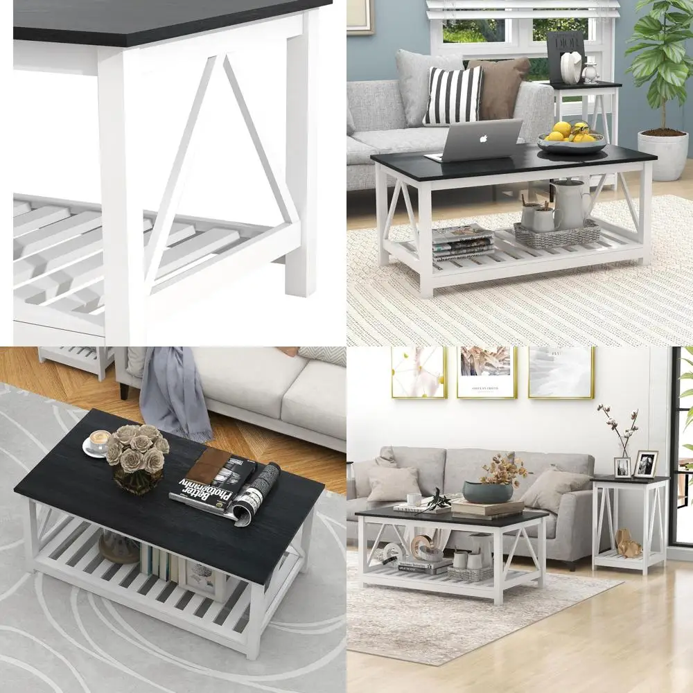 

Modern Rectangular 2-Tier Oak Coffee Table with Slat Shelf and V-Frame in Black and White for Living Room