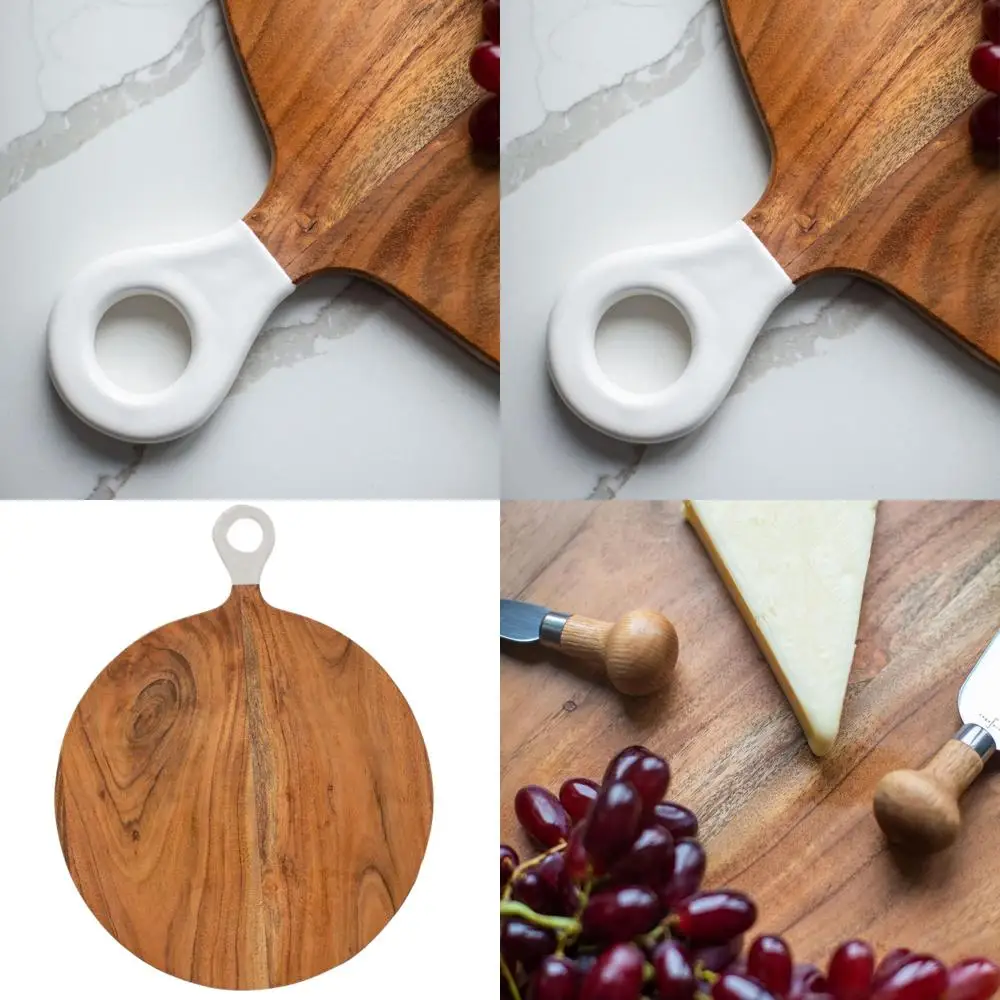 

Large 22.5x17.5 Round Acacia Wood Charcuterie Board with White Enamel Handle, Ideal for Food, Cheese, Meat, and Steak Serving