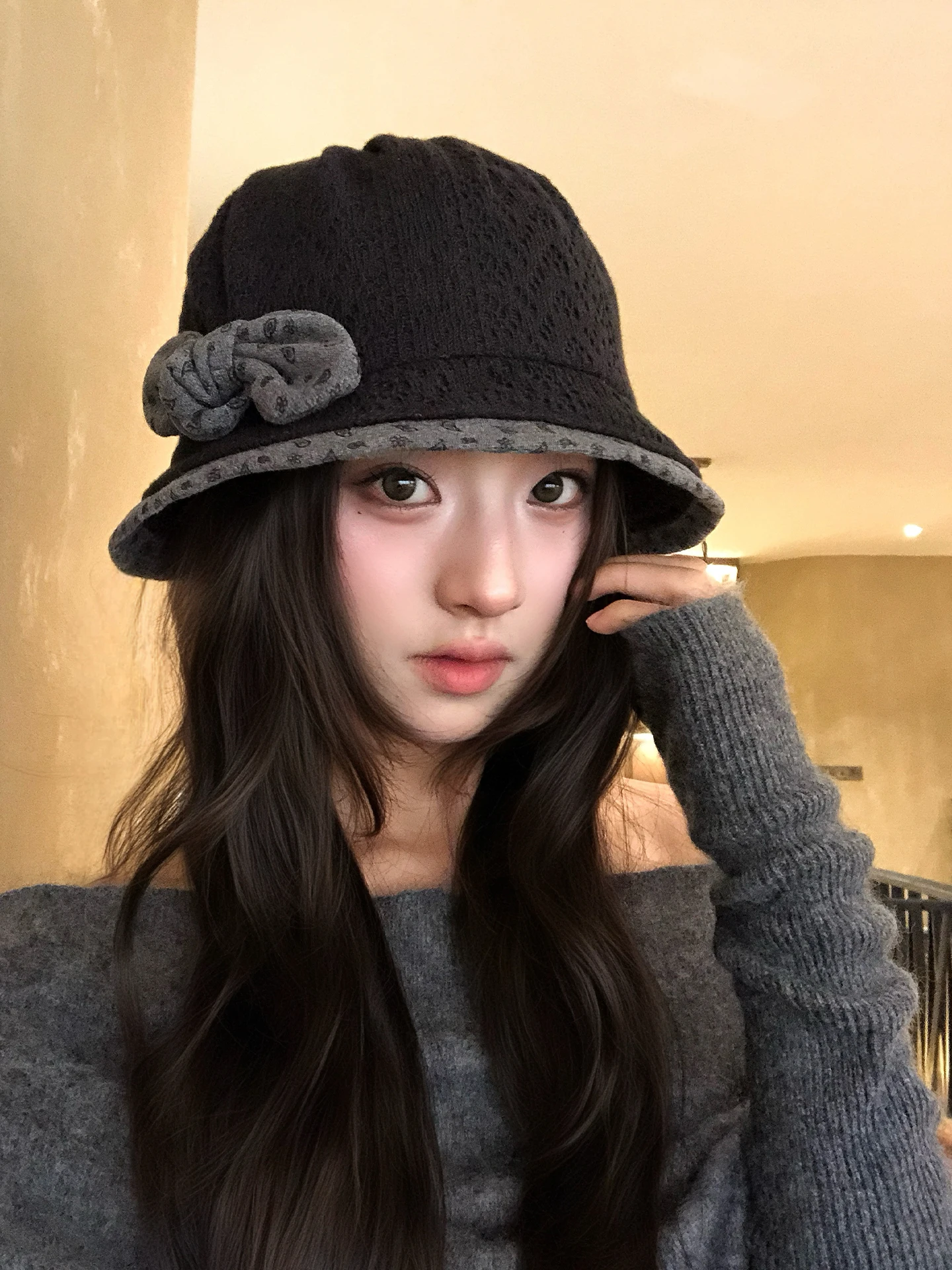 Retro Japanese Style Knitted Fisherman Hat Women's Fashionable Polka Dot  Bow Bucket Hat Face Slimming Versatile Hat