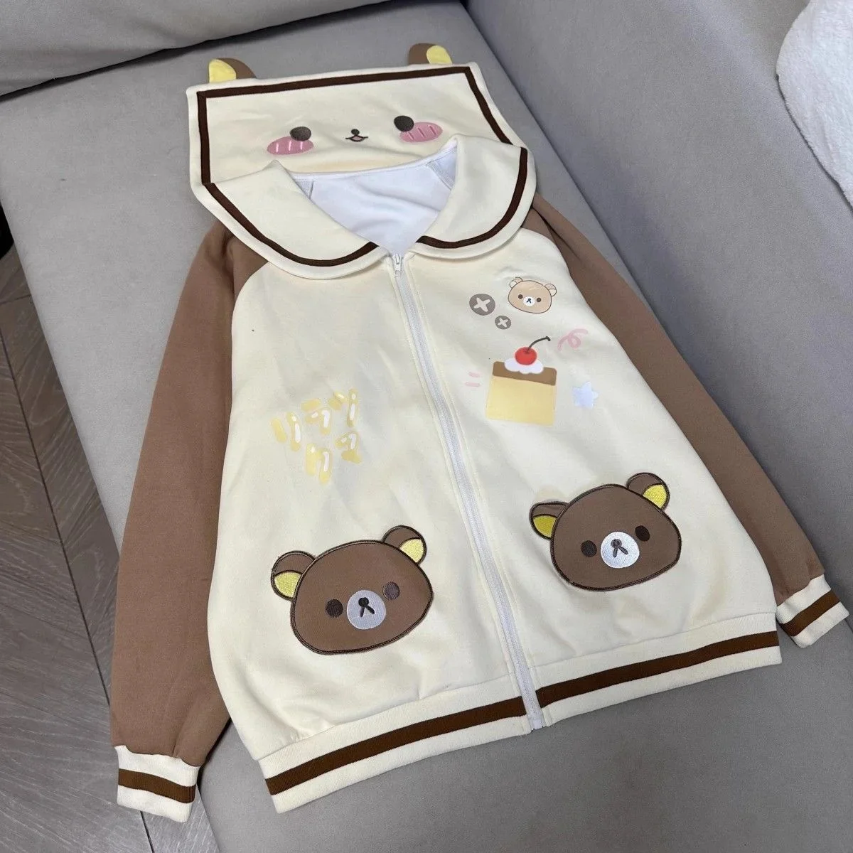 Rilakkuma Bear Ears Hooded Set 2025 Autumn Winter Kawaii Fluffy Two-Piece Jacket Pants for Women Girls Loungewear