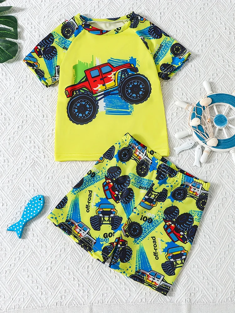 2 Piece Boys Summer Cartoon Car Print Short Sleeve Swimsuit and Swim Suit