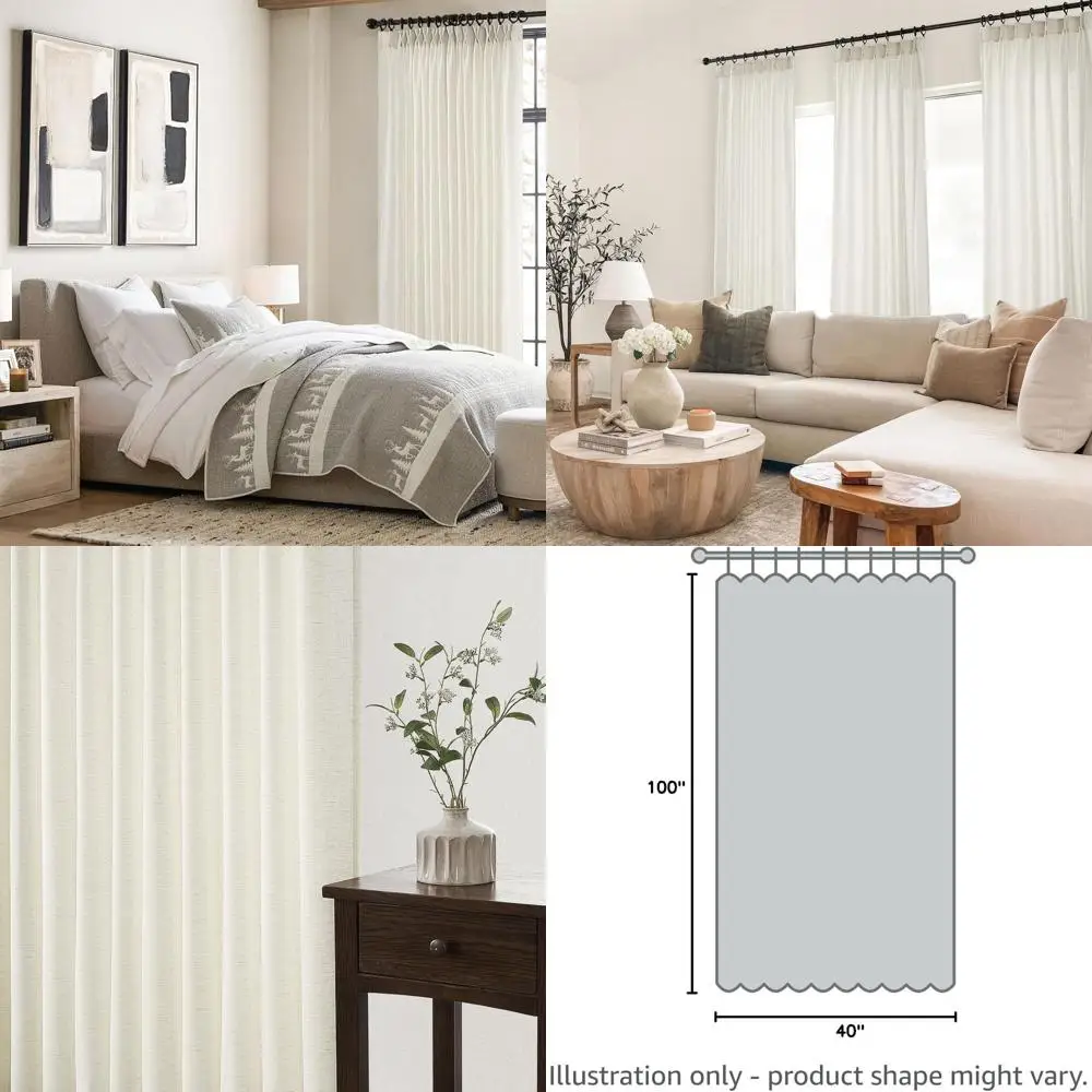 

Pinch Pleated Linen Curtains, 100 Length, 2 Semi-Sheer Panels, Boho Style, Back Tab, Neutral Tones