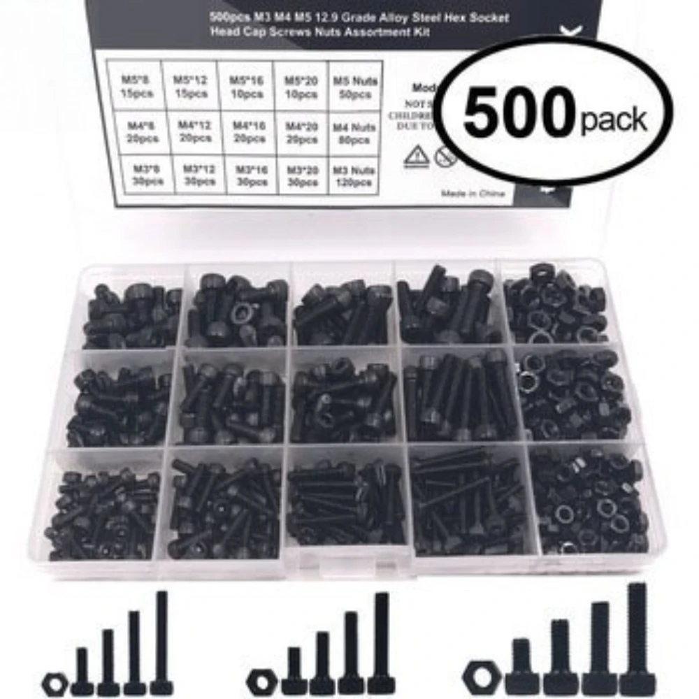 500PCS Black Hexagon Nuts 12.9 Grade Carbon Steel Cup Head Hexagon Socket Screws Nuts Bolts Set Machine Thread Screws M3 M4 M5