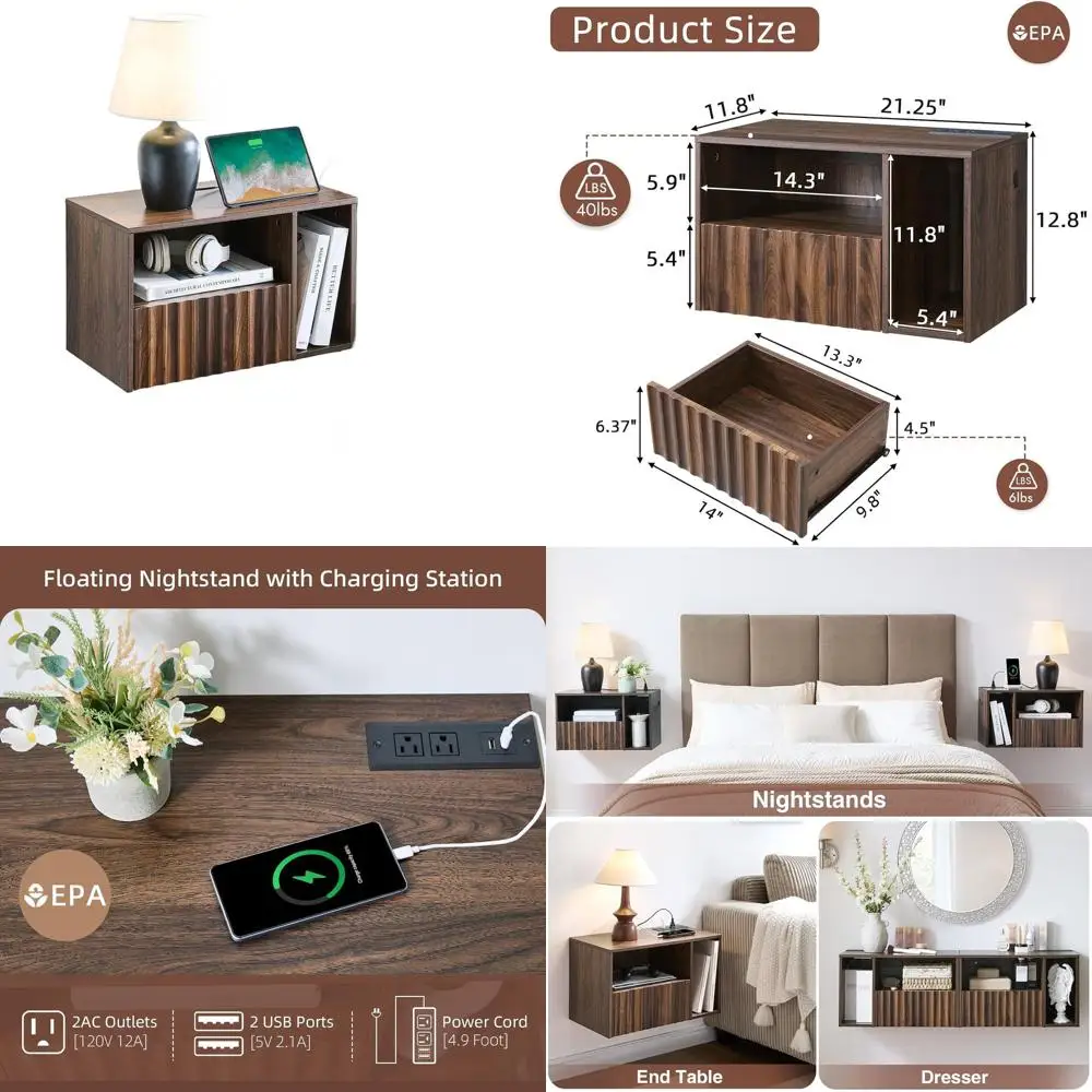 

Contemporary Walnut Fluted Nightstand with Charging Dock, Drawer Storage, USB & Outlet Ports, Right-Side Bedroom Furniture