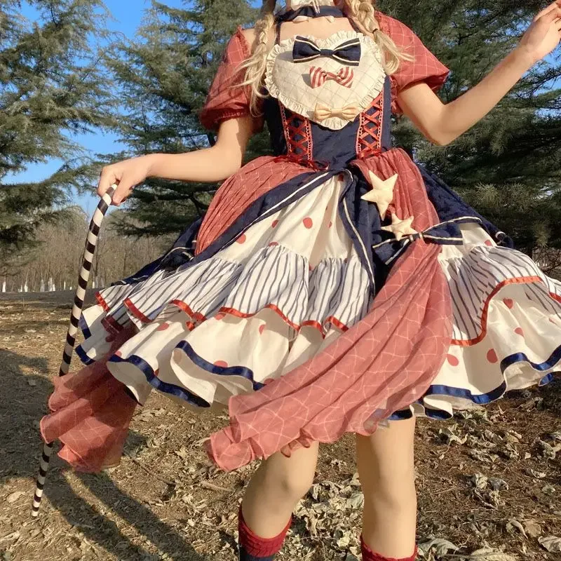 

2025Circus Bow Color Matching Ladies Above Knee Party Dress Summer New Japan Lolita Style Sweet Cute Dress for Women Daily Girly