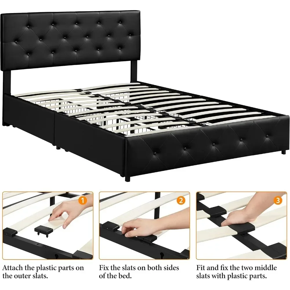 Queen Size Gestoffeerd Bedframe Met 4 Laden En Verstelbaar Hoofdeinde, Met Matrasfundering Sterke Houten Latten Supportzl