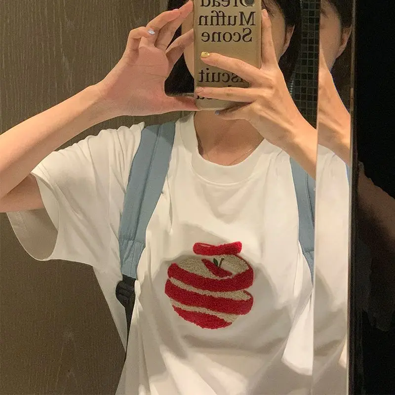 2024 Harajuku Apple Flocking Summer Tops Women Simple Oversized Fairy Grunge Streetwear Tops Y2k Aesthetic White Casual T-shirt