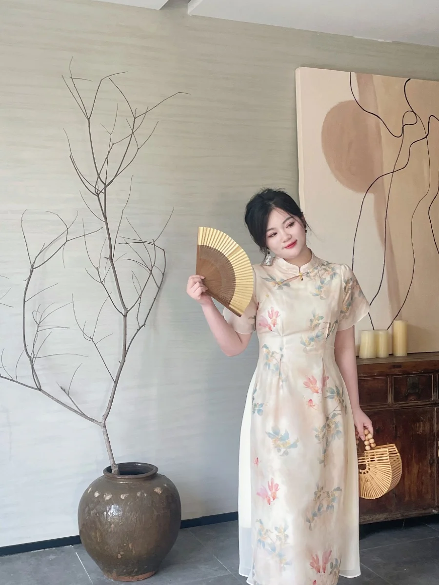 

Dahou Studio One Puddle Carp Slimming Design plus Size 2024 Short Sleeve Print Qipao Dress for Plump Women Original Design