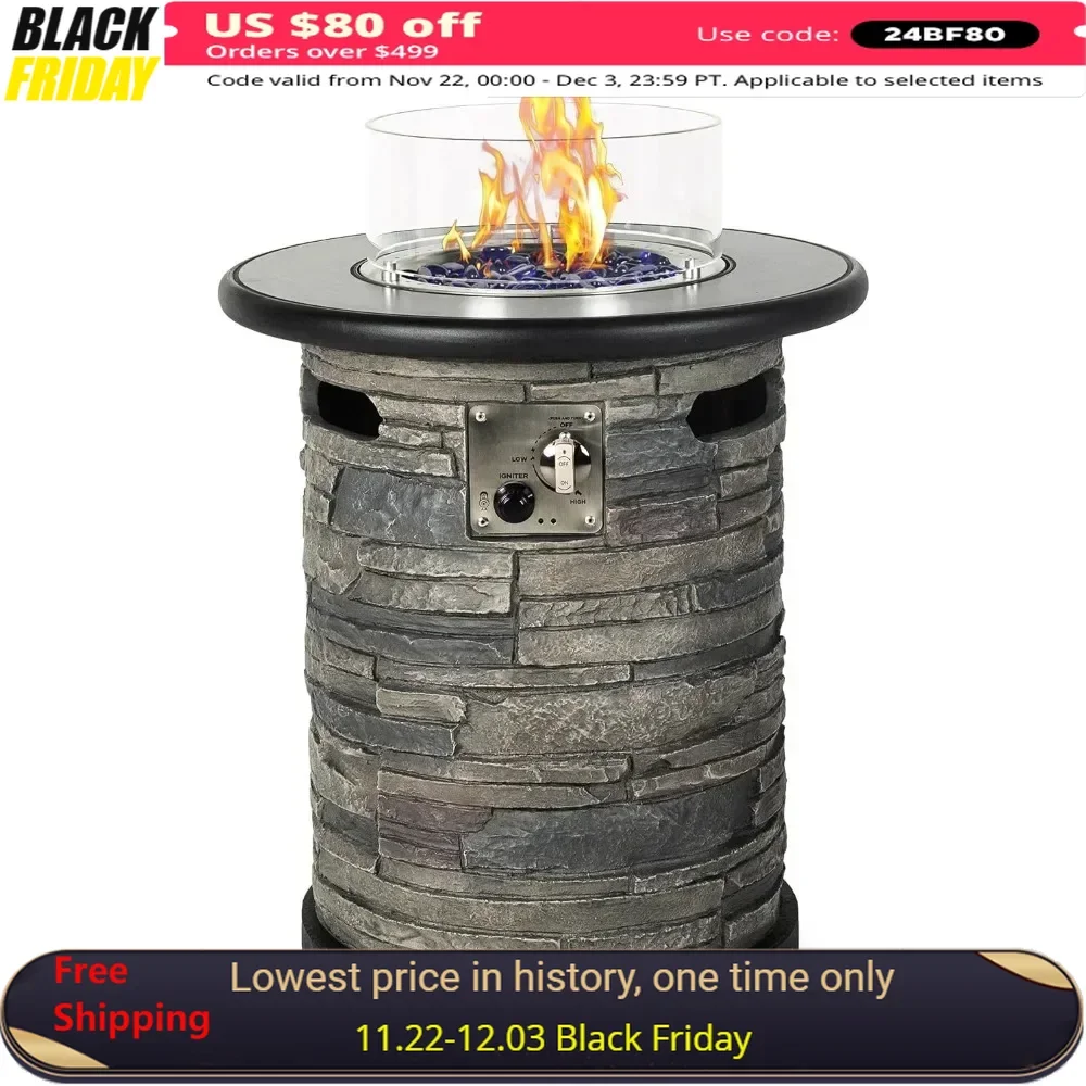 

22" Fire Pit Table, Porcelain Tile Top, 40,000 BTU, Auto-Ignition, 400D Cover Glass Rocks, Round Propane Gas Fire Pit Table