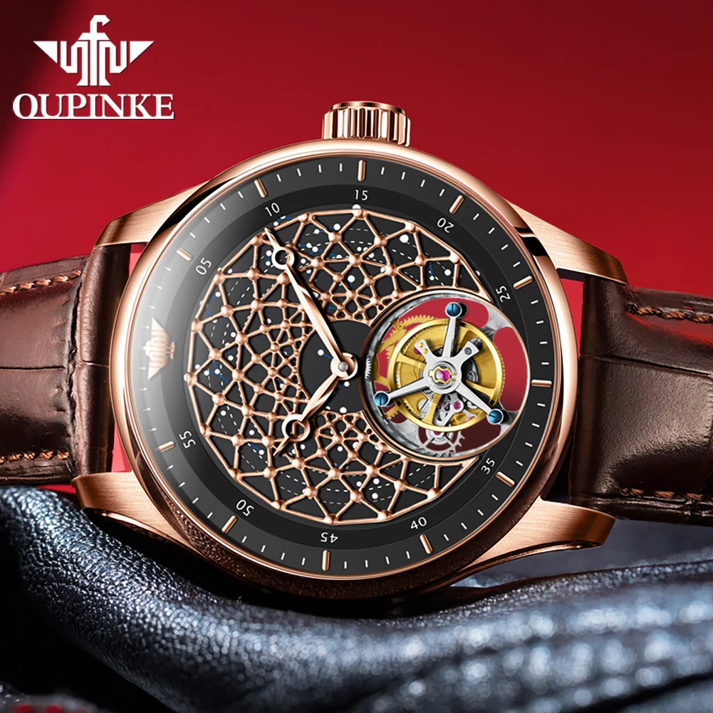 OUPINKE 8002 High-end Tourbillon Skeleton Automatic Watches for Men Top Luxury Brand Geunine Leather Strap Mechanical Man Watch