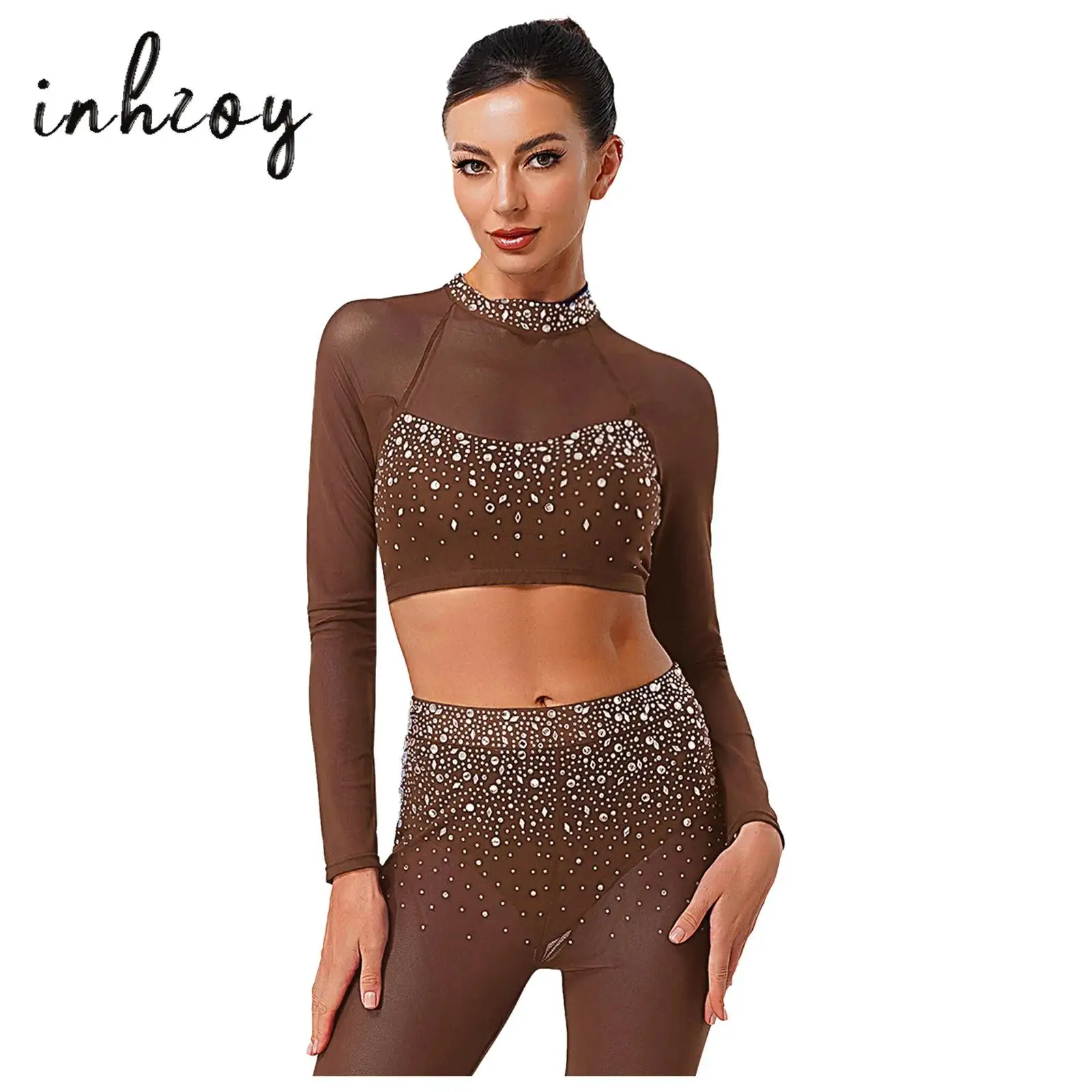 

Womens Glittery Rhinestone Ballet Dance Crop Tops Sheer Mesh Patchwork Long Sleeve Mock Neck Top Dancewear for Latin Tango Dance