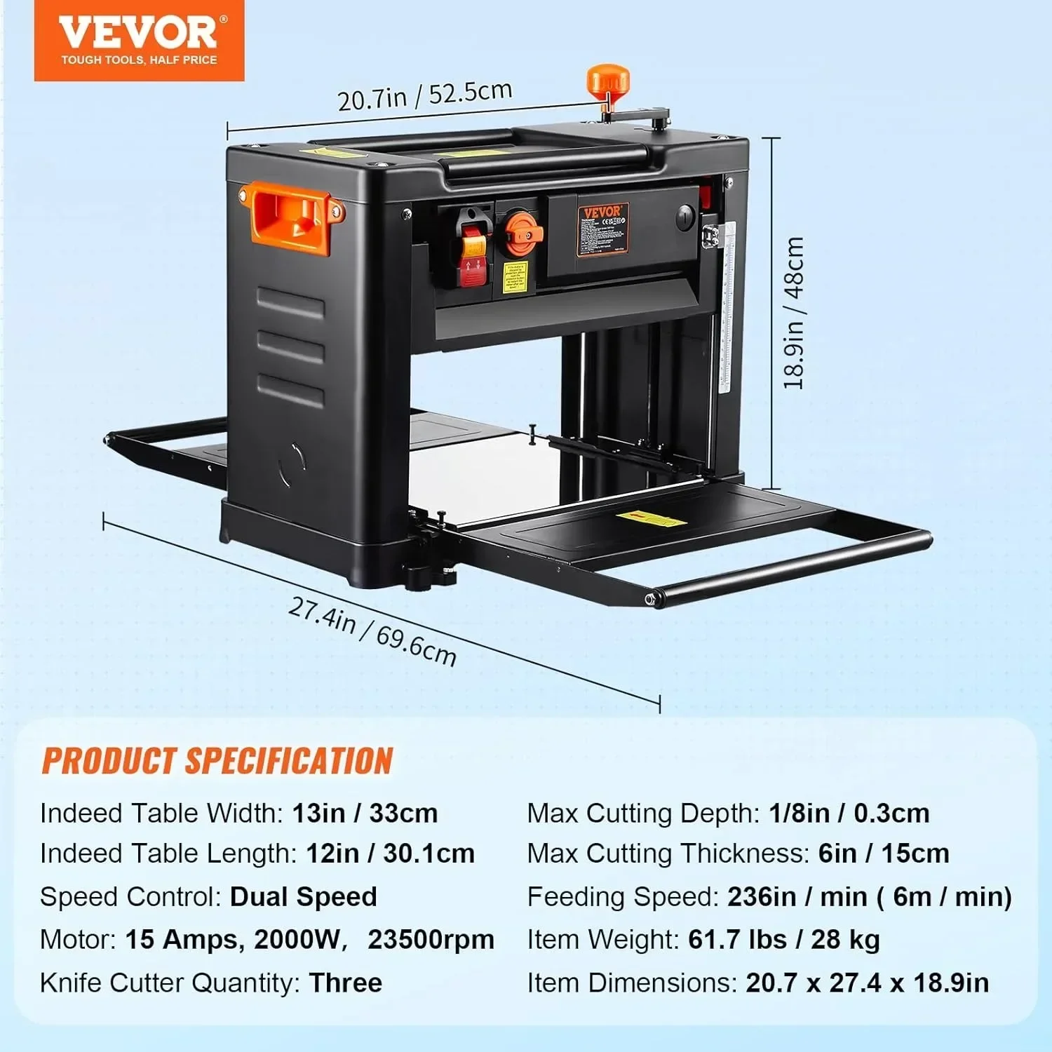 กบไสหนา VEVOR, สองความเร็ว, กบตั้งโต๊ะ 13" W, ใบมีดสามใบ, มอเตอร์ 15-A 2000W, โต๊ะป้อนอาหาร 12" |   สหรัฐอเมริกา |   ใหม่