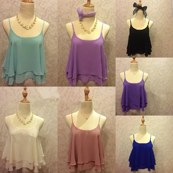 2024 Summer Women Blouse Candy Color Shirt,double ruffles Sexy Chiffon Blouse Strap Vest Tops blusas  tank tops