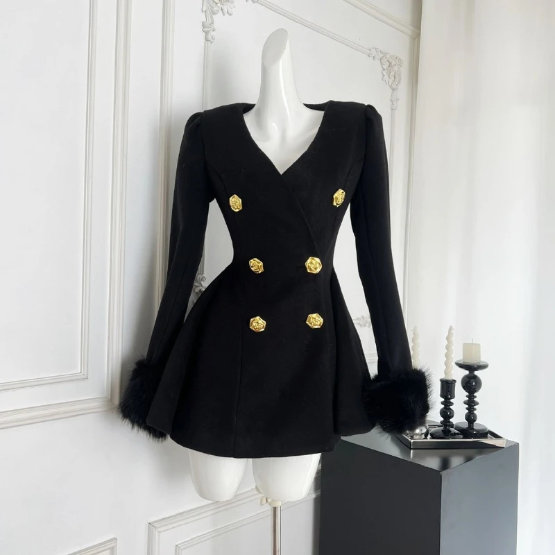 Winter Korean Popular French Elegant Women's Dress Chic Warm Fur Collar Slimming Design Office Lady Vintage Woman Clothes Outfit