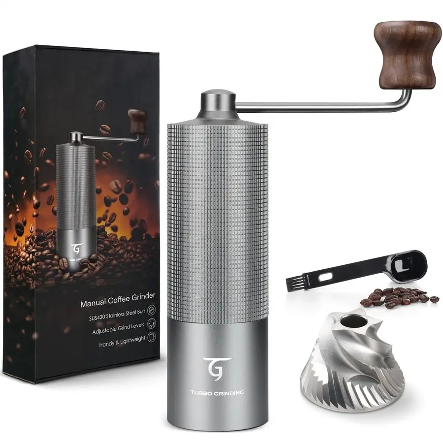 

Manual Coffee Grinder with Stainless Steel Conical Burr. Aluminum Shell Hand Coffee Bean Mill with Adjustable Settings. Coffee R