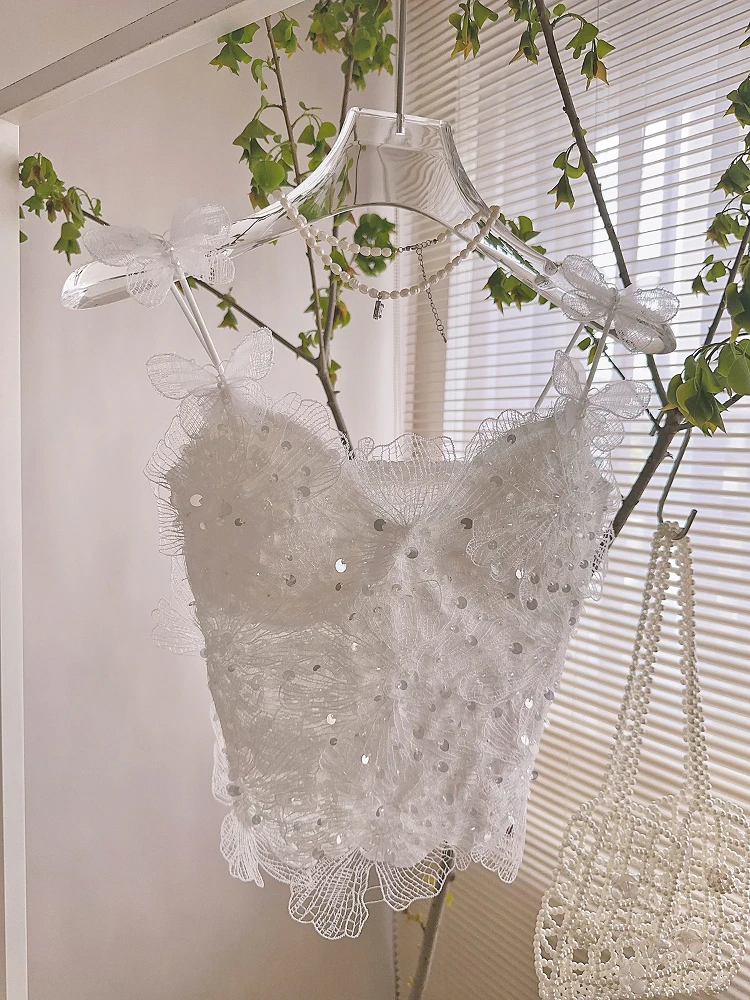 

Mingmeihui, лето 2025 г., жилет с 3D цветочным кружевом и бретельками с блестками, женский модный топ Bal Top