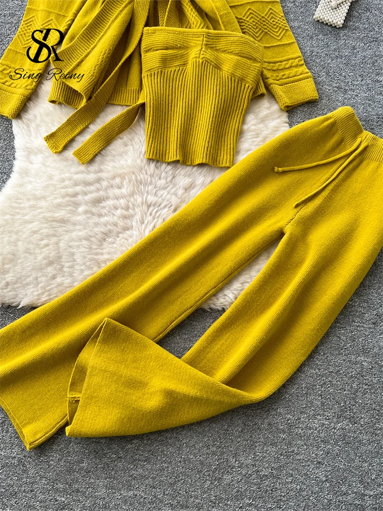 Women Knit Hotsweet Sets Belt Cardigan+Strapless Tank Top+Drawstring Long Pants Autumn Winter Chic Streetwear 3Pcs Set