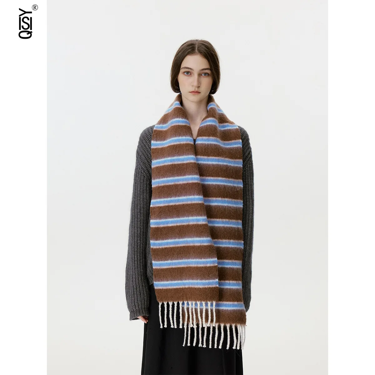 وشاح مخطط متعدد الألوان من مزيج الصوف على الطراز الكوري لدفء الشتاء للنساء، جو شرابة، شال وشاح #6