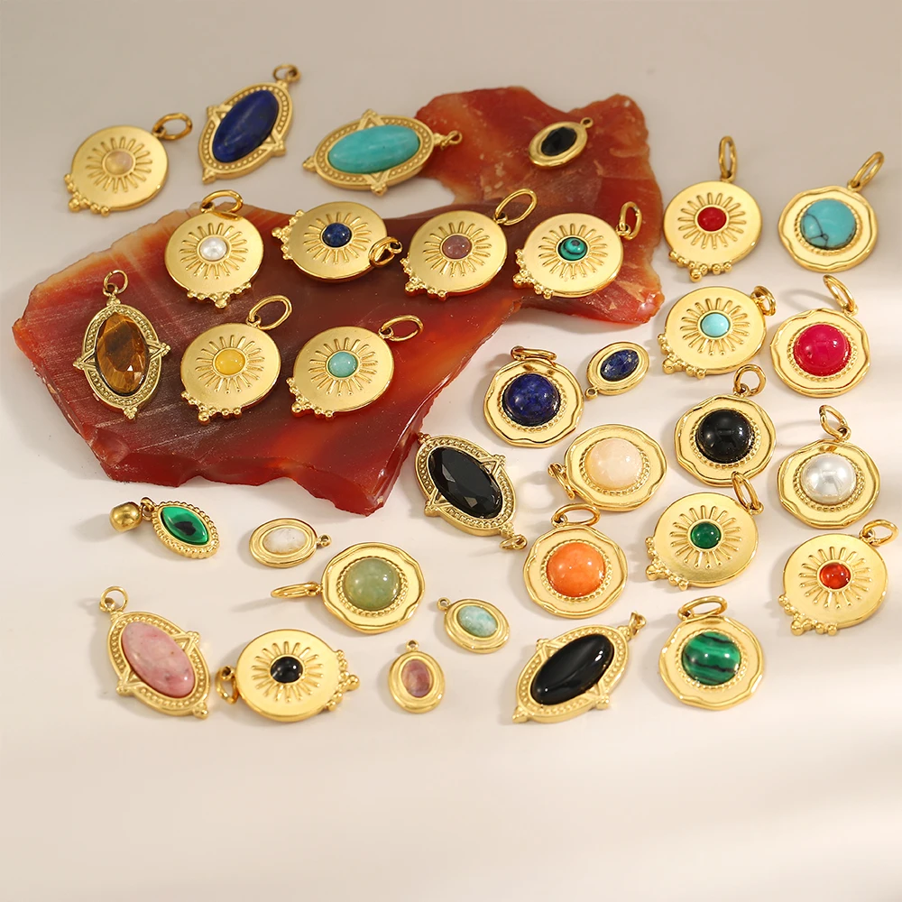 CARLIDANA Naturstein-Anhänger aus Edelstahl, rund, oval, PVD-vergoldet, Edelstahl, individueller Anhänger für DIY-Schmuck, Ohrringe