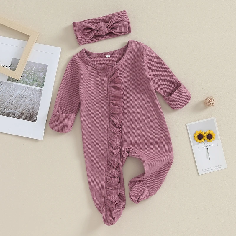 Tregren-Barboteuse à manches longues pour nouveau-né, grenouillère à volants et col rond pour bébé fille de 0 à 3 mois, vêtement avec bande de sauna