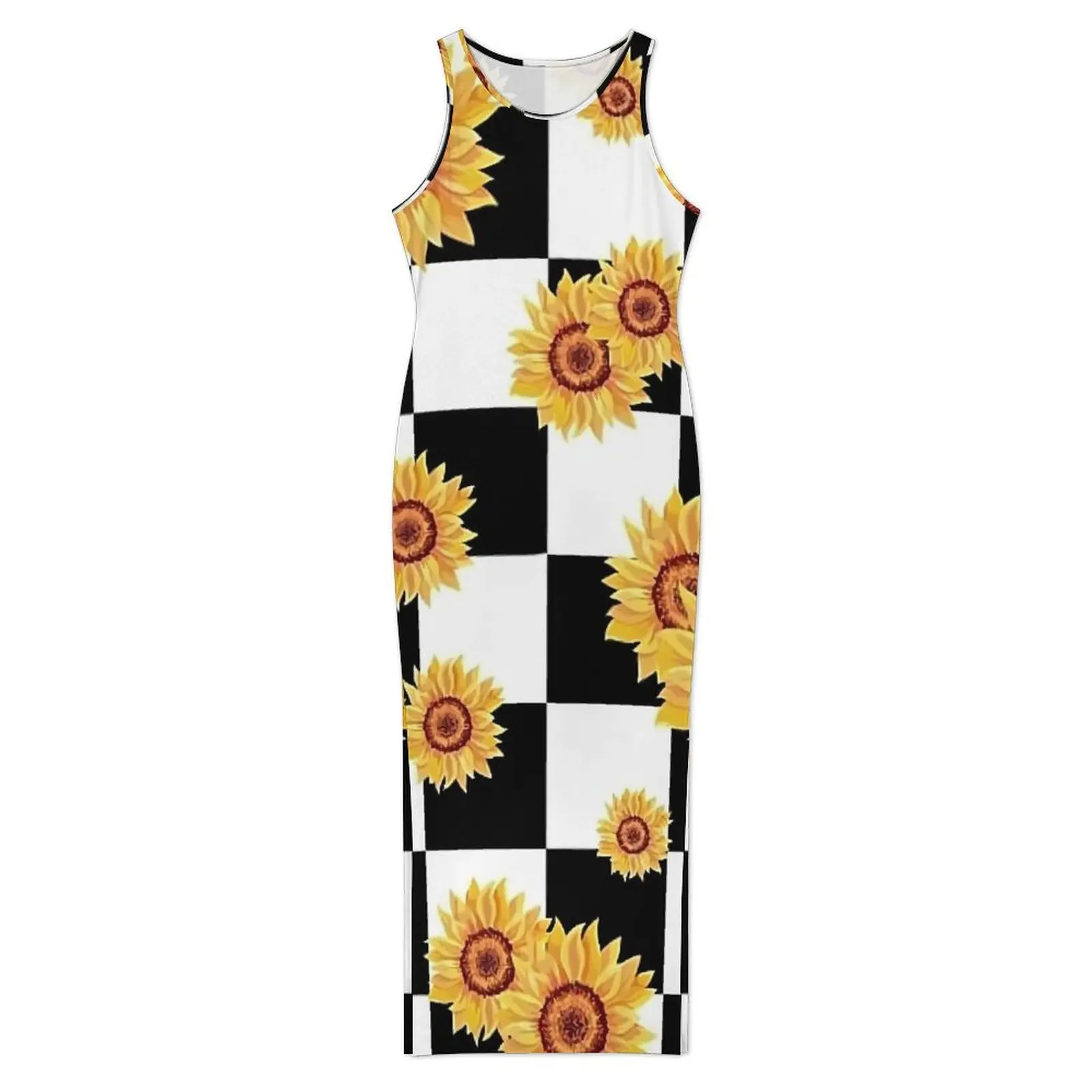 Women Bodycon Dress Vintage Sunflower Maxi Dresses Holiday Checkerboard Print Sleeveless Street Wear Print Dress Large Size 4XL