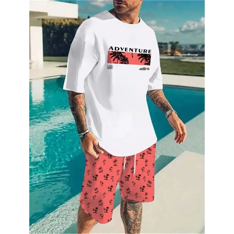 2025 Fashion Summer 3D Hawaiian Coconut Printed Men's Set Street T-shirt Shorts Two Piece Set Short Sleeve Breathable Sportswear
