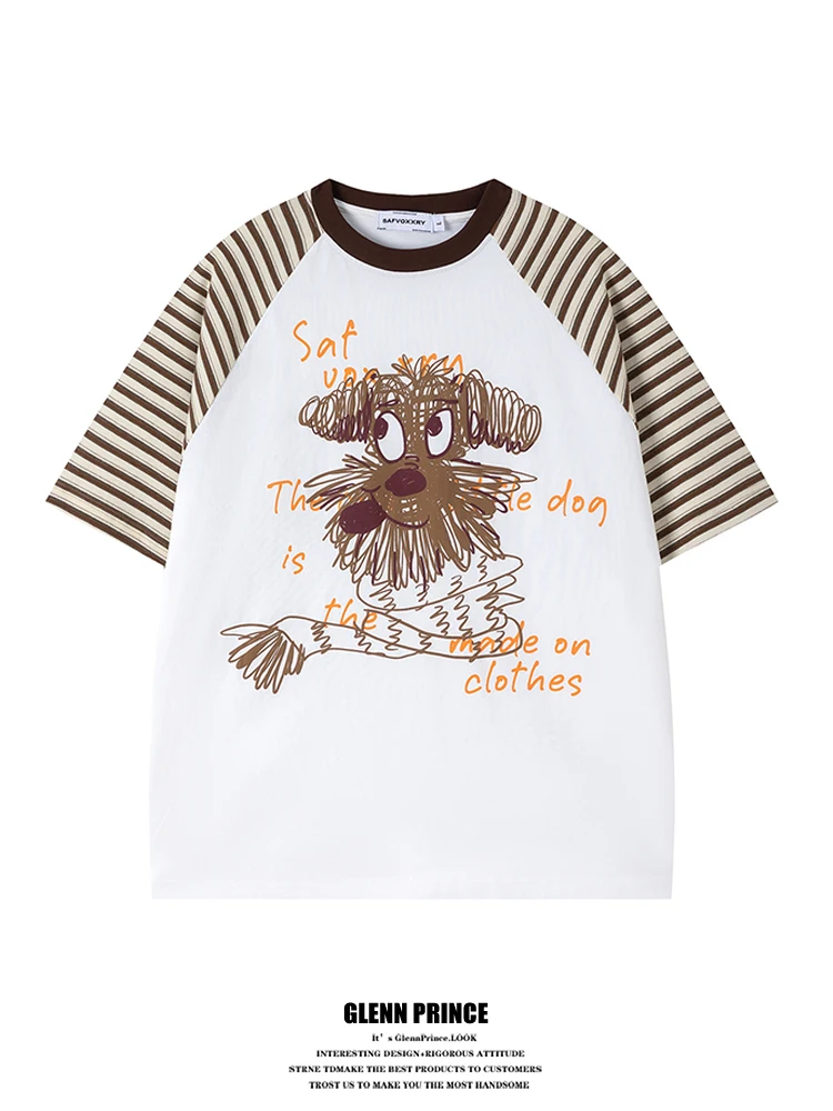 

GPstudio American Retro Graffiti Dog Print Stripe Patchwork Shoulder Insert Short Sleeve Men's Summer Youth T-shirt Cotton Ca...