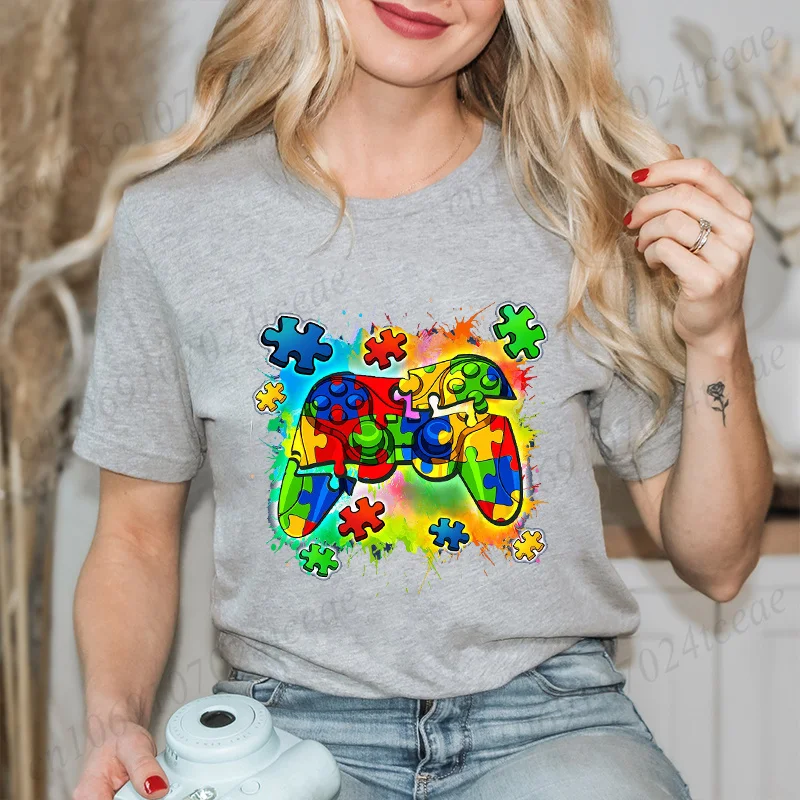 Autism Awareness Video Game Controller Women T-Shirt Autism Awareness Month Graphic T Shirts Summer Harajuku Short Sleeve Tops