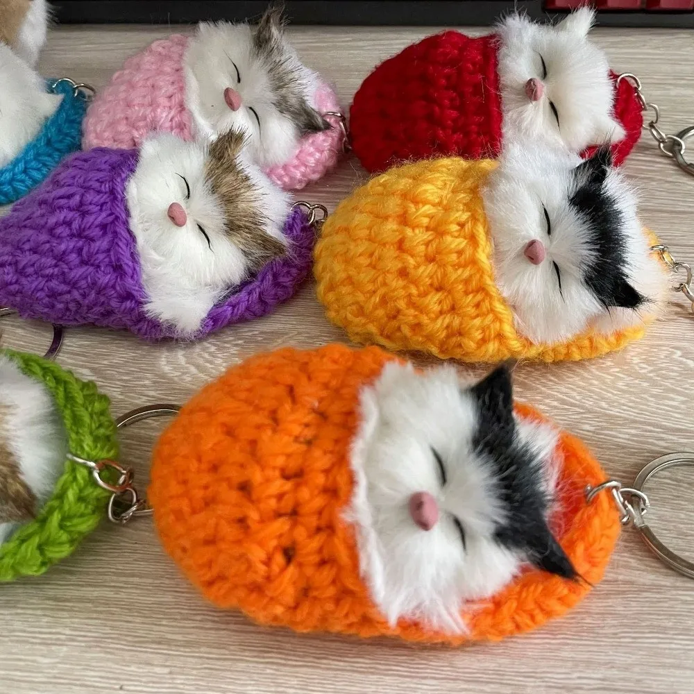 New Mini Simulation Cat Keychain Plush Stuffed Animal Sleeping Cat Keyring Handmade Bag Pendant Charm Gifts